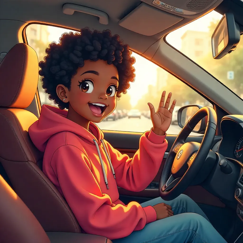 Cheerful Anime Girl in a Sunny Car