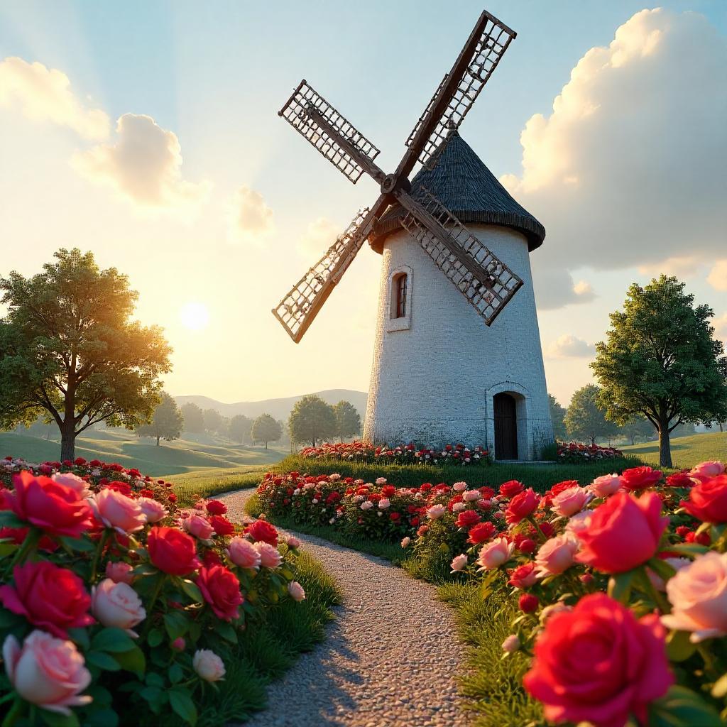3D Windmill Amid a Blooming Rose Garden