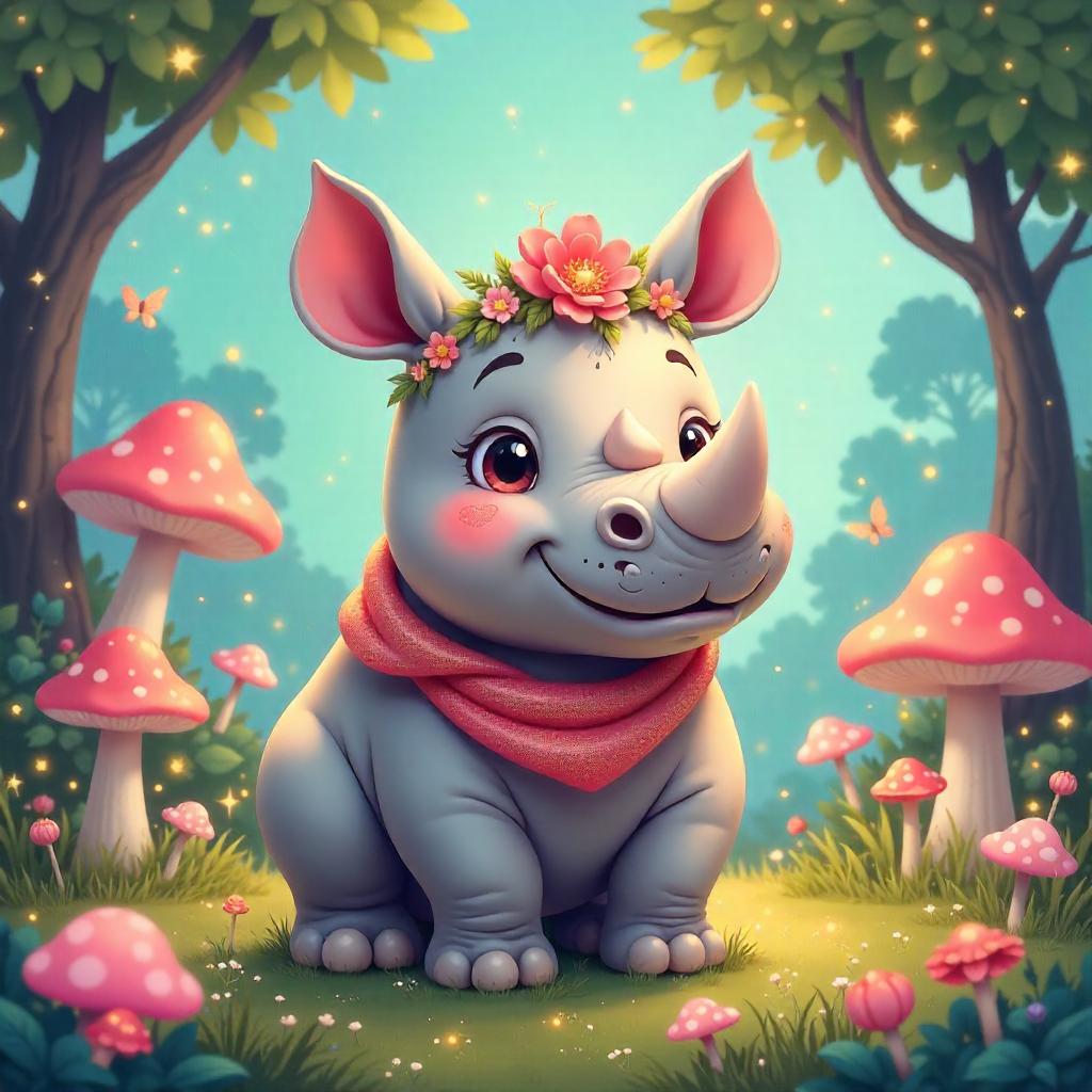 Whimsical Cartoon Rhino in Fairy Wonderland