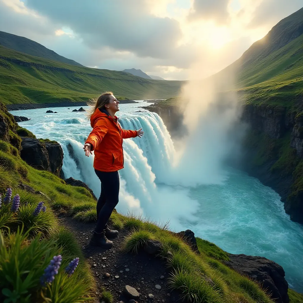 Joyful Moment at a Lush Icelandic Waterfall