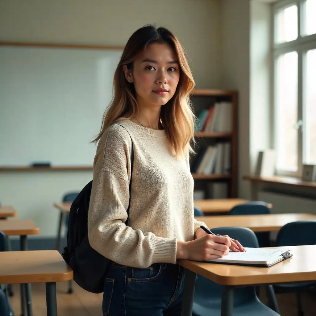 Portrait of a Young Caucasian Woman in a Classroom
