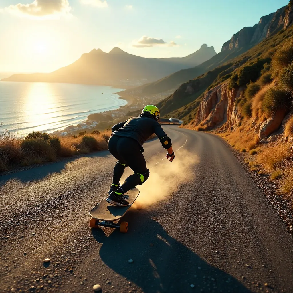 Downhill Skateboarder on Cape Town Mountain Road
