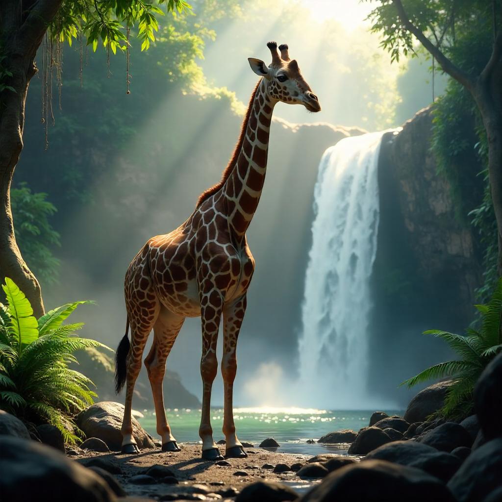 3D Giraffe Near a Waterfall: Photoreal Scene
