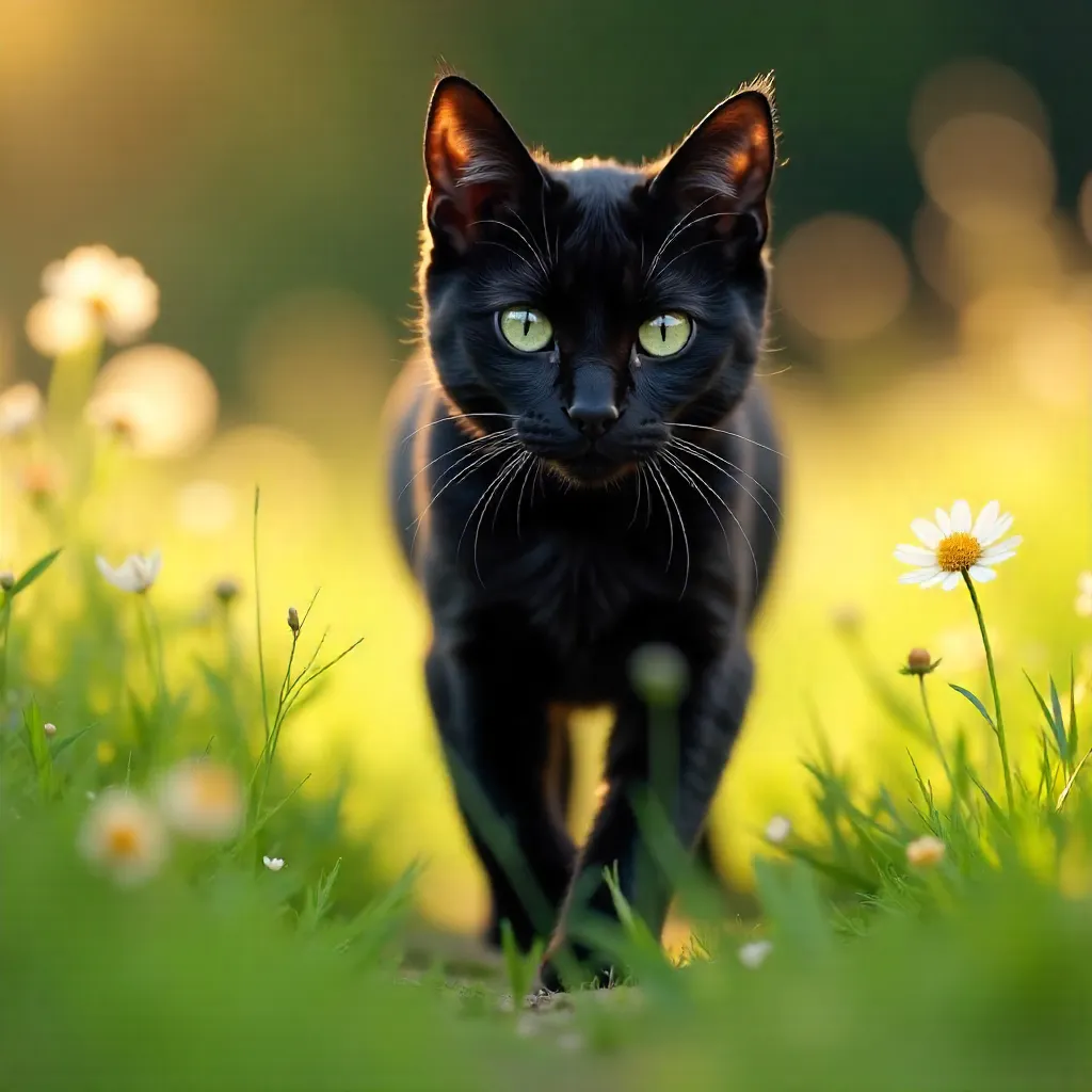 Elegant Black Cat in a Field of Wildflowers