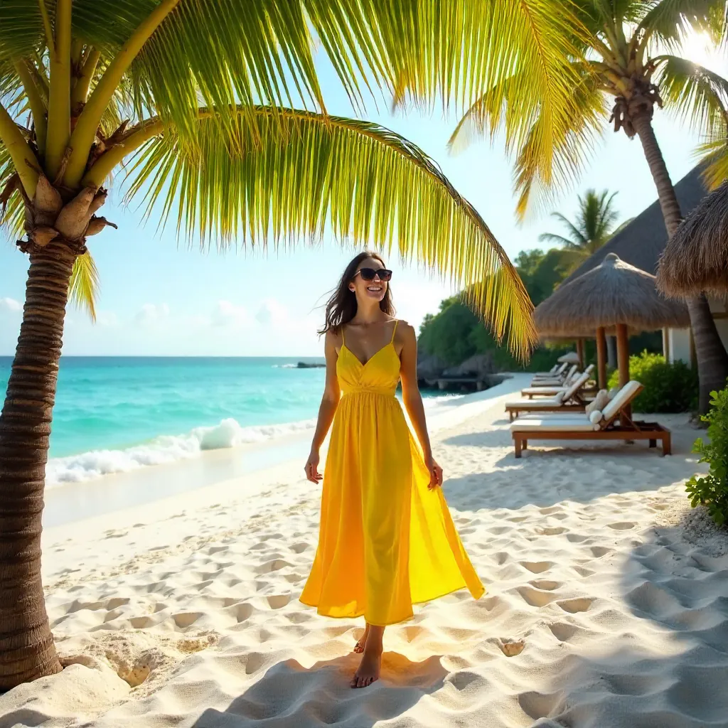 Sunlit Bali Beach Woman in Yellow Dress