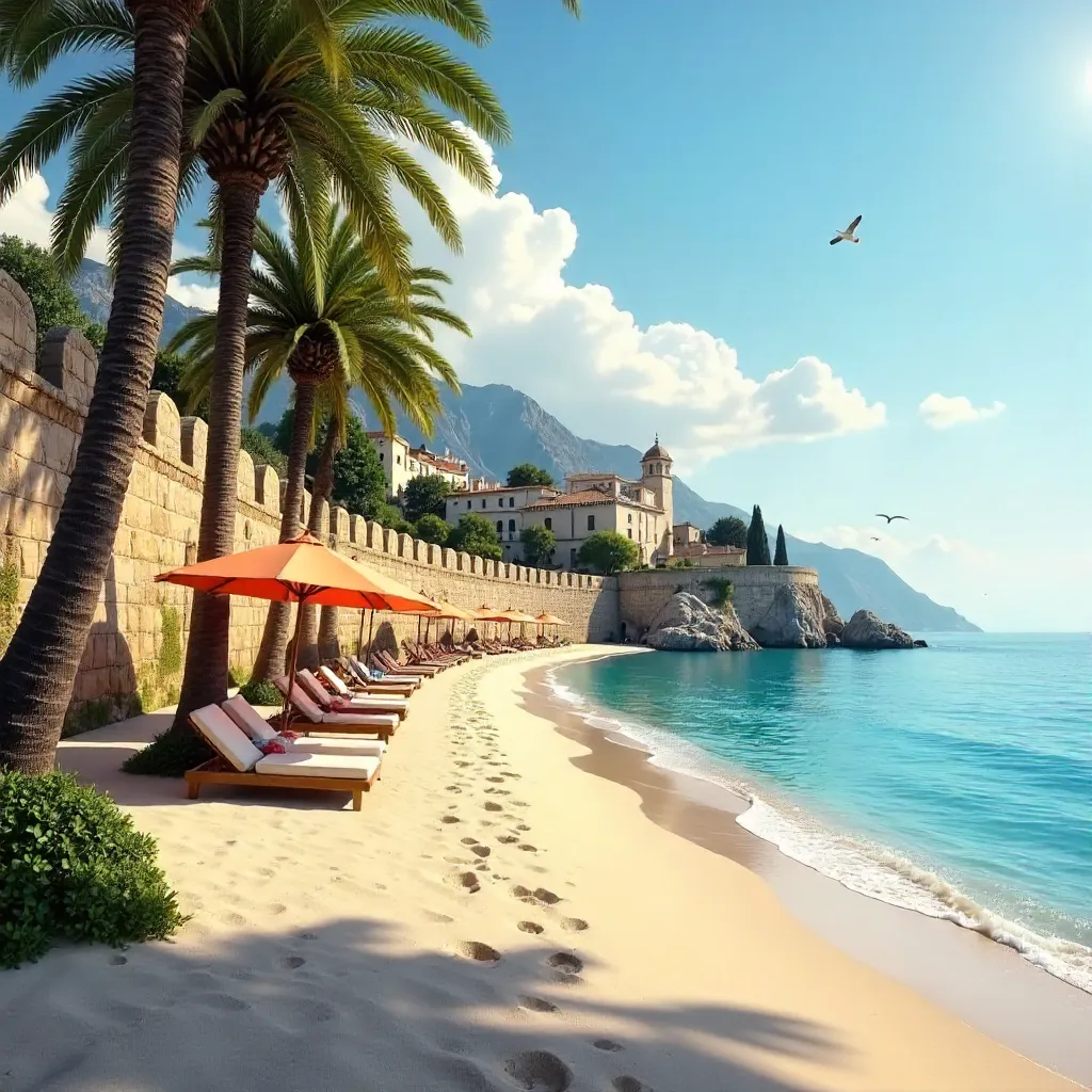 Serene Beachfront with Parasol Shade and Historic Stone Wall