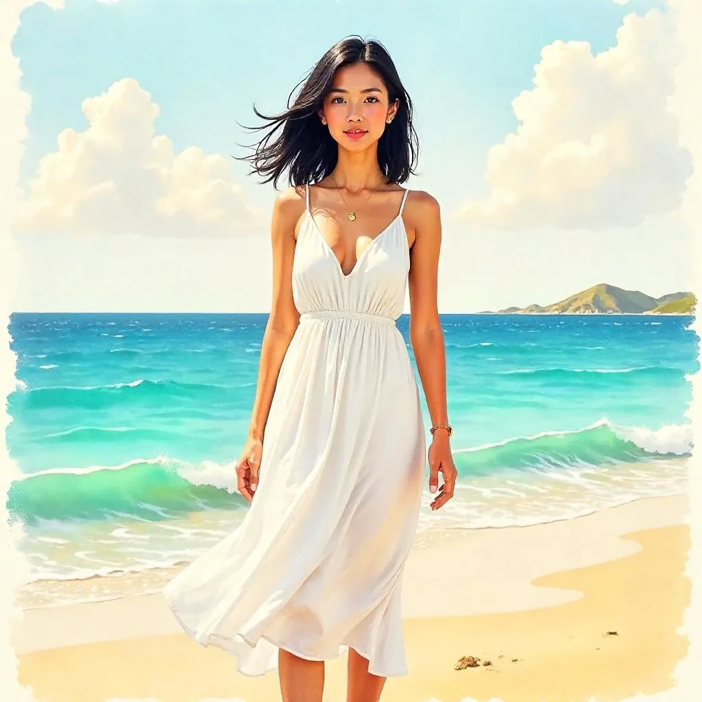 Confident Asian Woman on the Beach in Watercolor