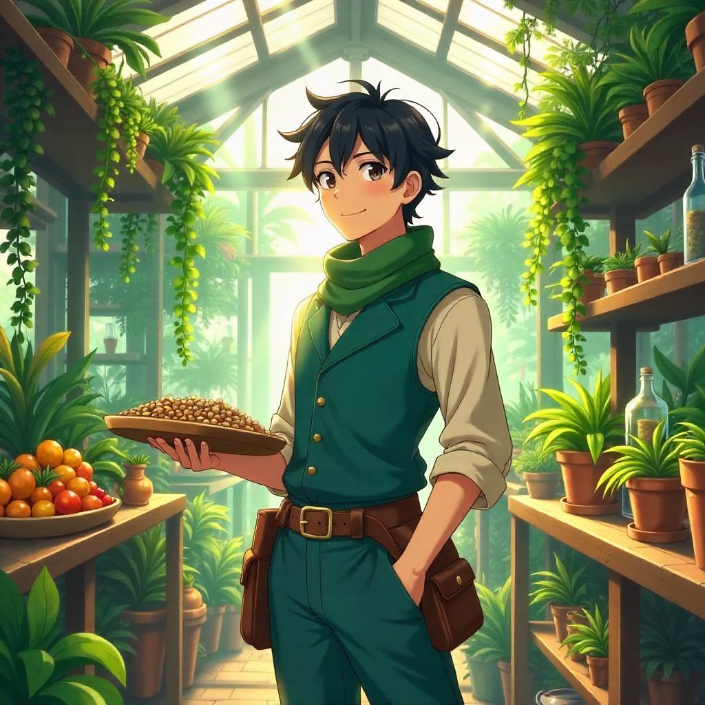 Anime Merchant in a Lush Greenhouse