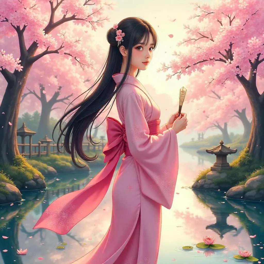 Elegant Asian Girl in a Tranquil Anime Garden