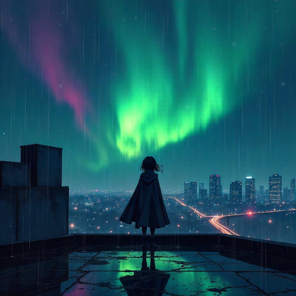 Aurora Rain over Neon Rooftop