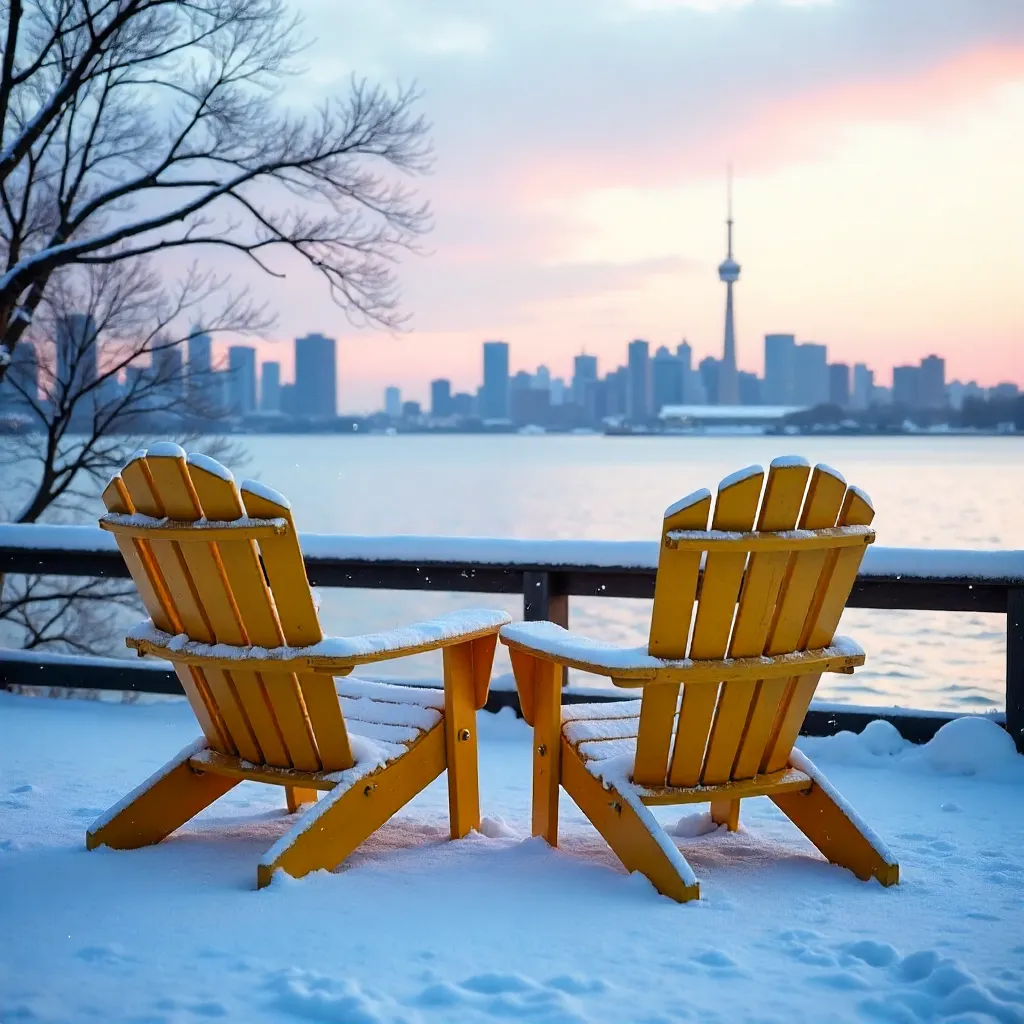 Snowy Yellow Muskoka Chairs Over Lake Ontario
