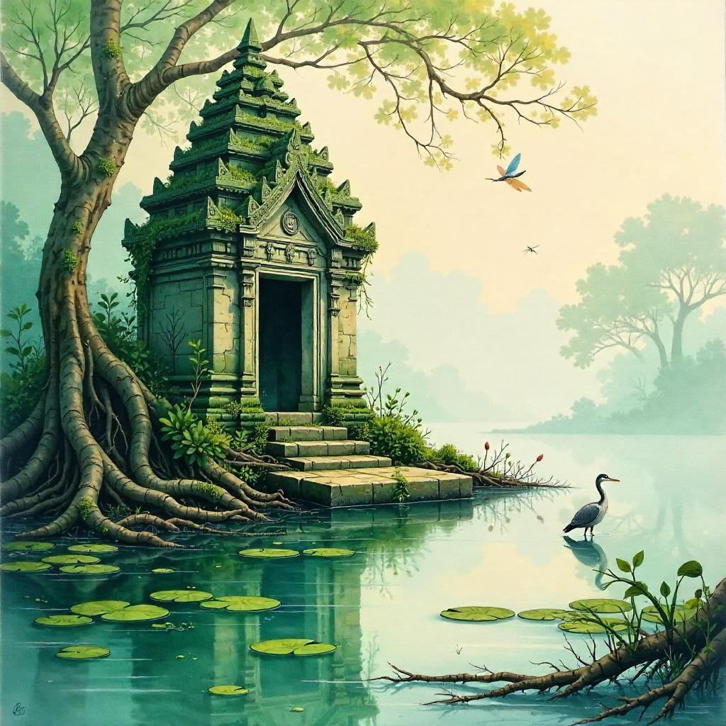 Temple Amid Mangrove Swamp in Watercolor