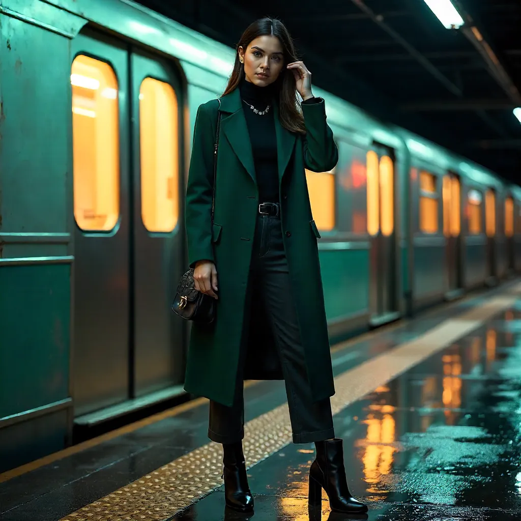 Night Subway Chic: A Stylish Pose by the Train