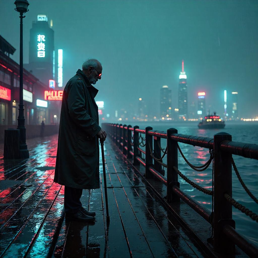 Elderly in Neon Rain: Cyberpunk Pier