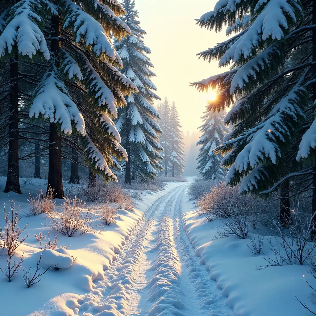 Tranquil Winter Forest Path in Snow