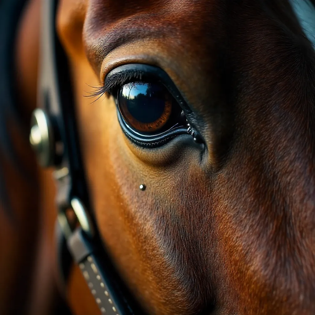 Hyper-detailed close-up of horse eye and bridle
