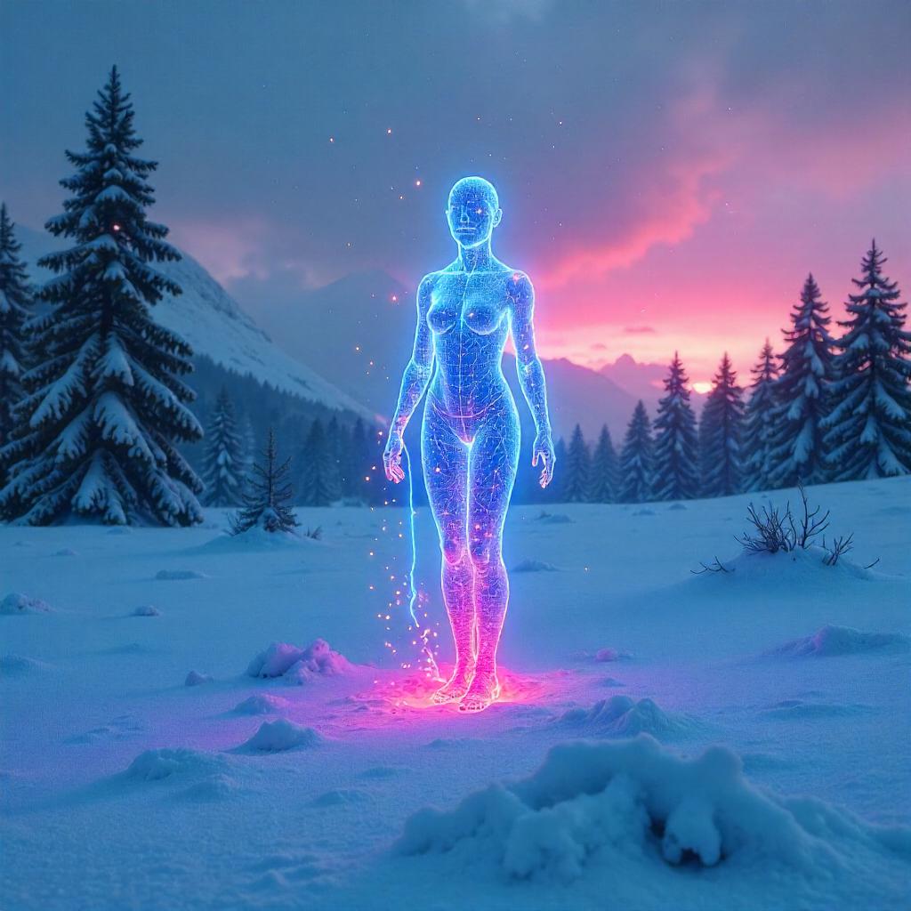 Hologram in a Snowy Digital Landscape