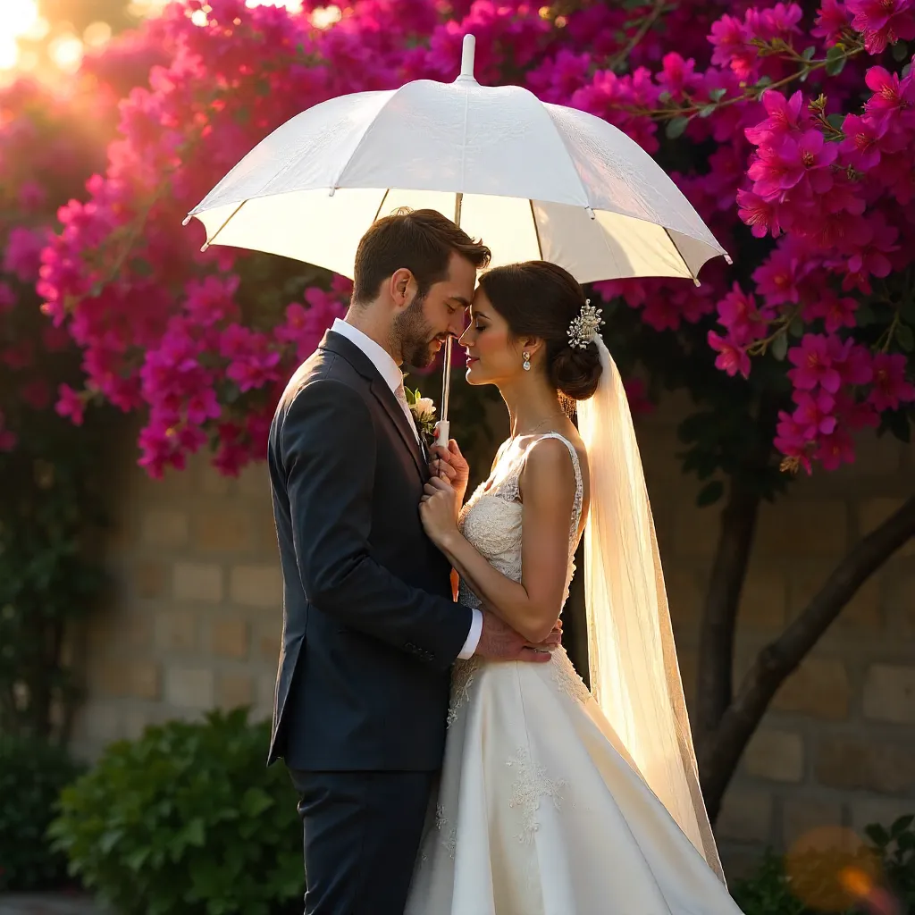 Romantic Bride and Groom Under White Umbrella in Bougainvillea
