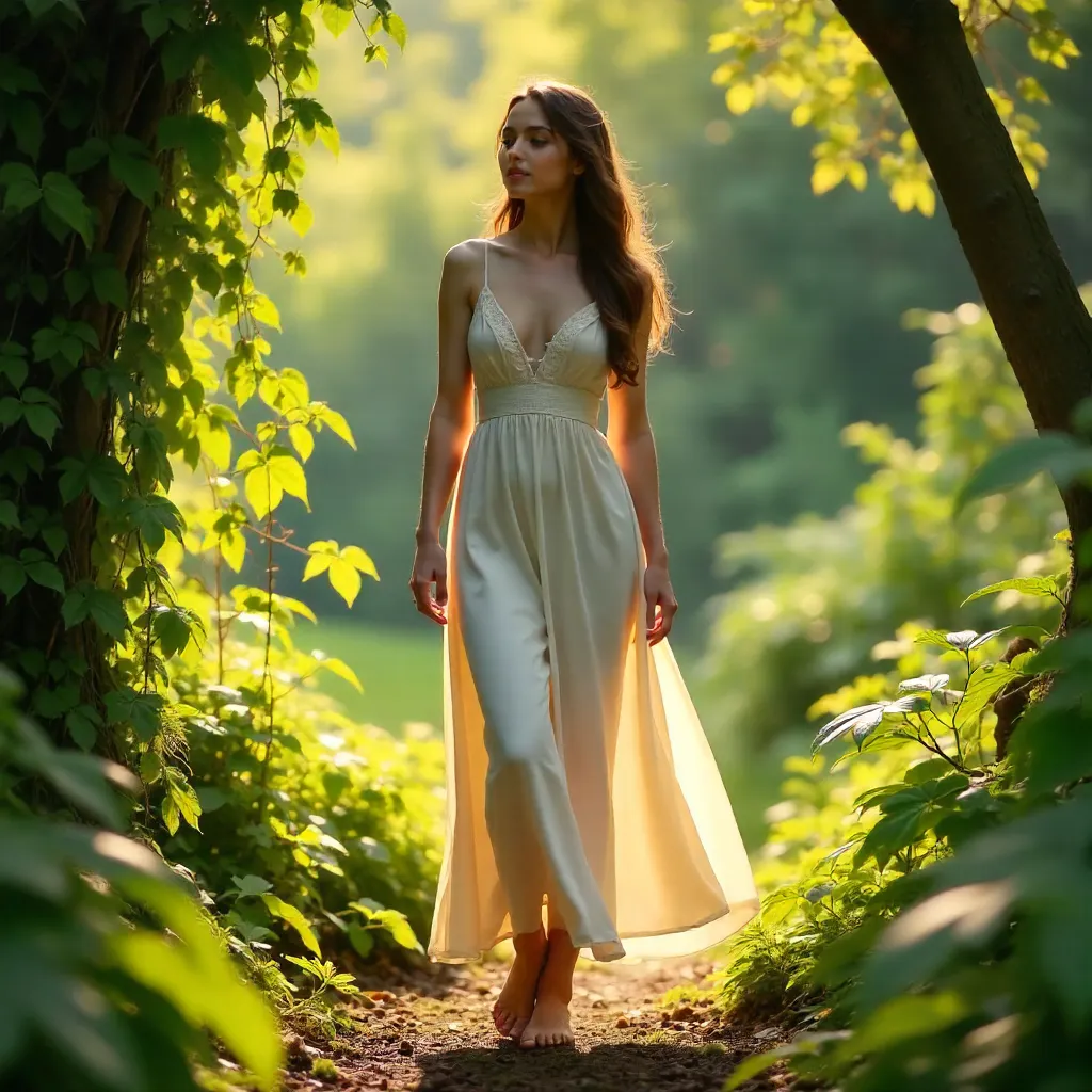 Serene Moment in White Dress Among Lush Greenery