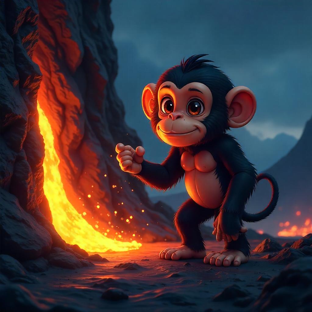 Anime Chimpanzee by a Fiery Lava Flow
