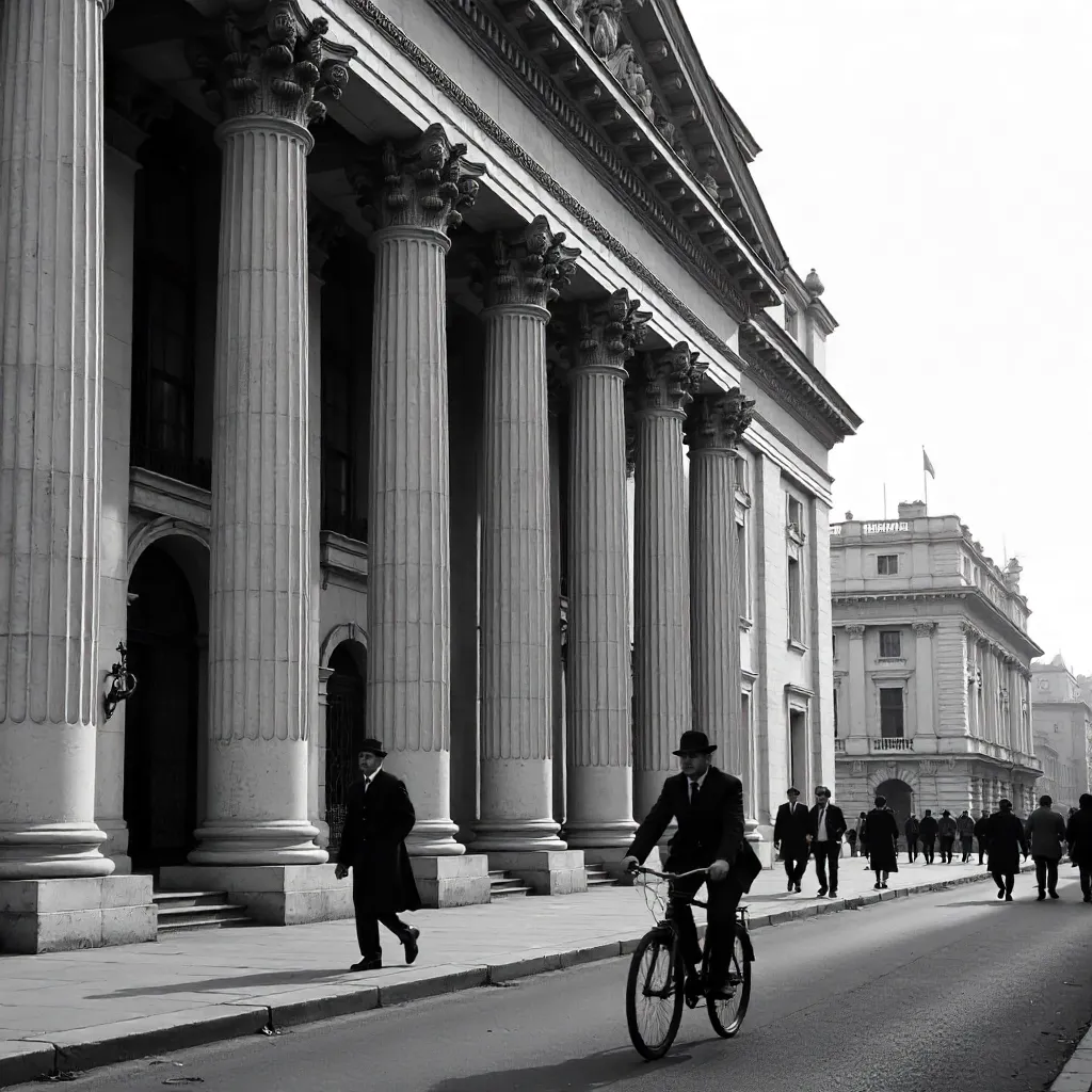Monochrome urban scene: classical building and cyclist