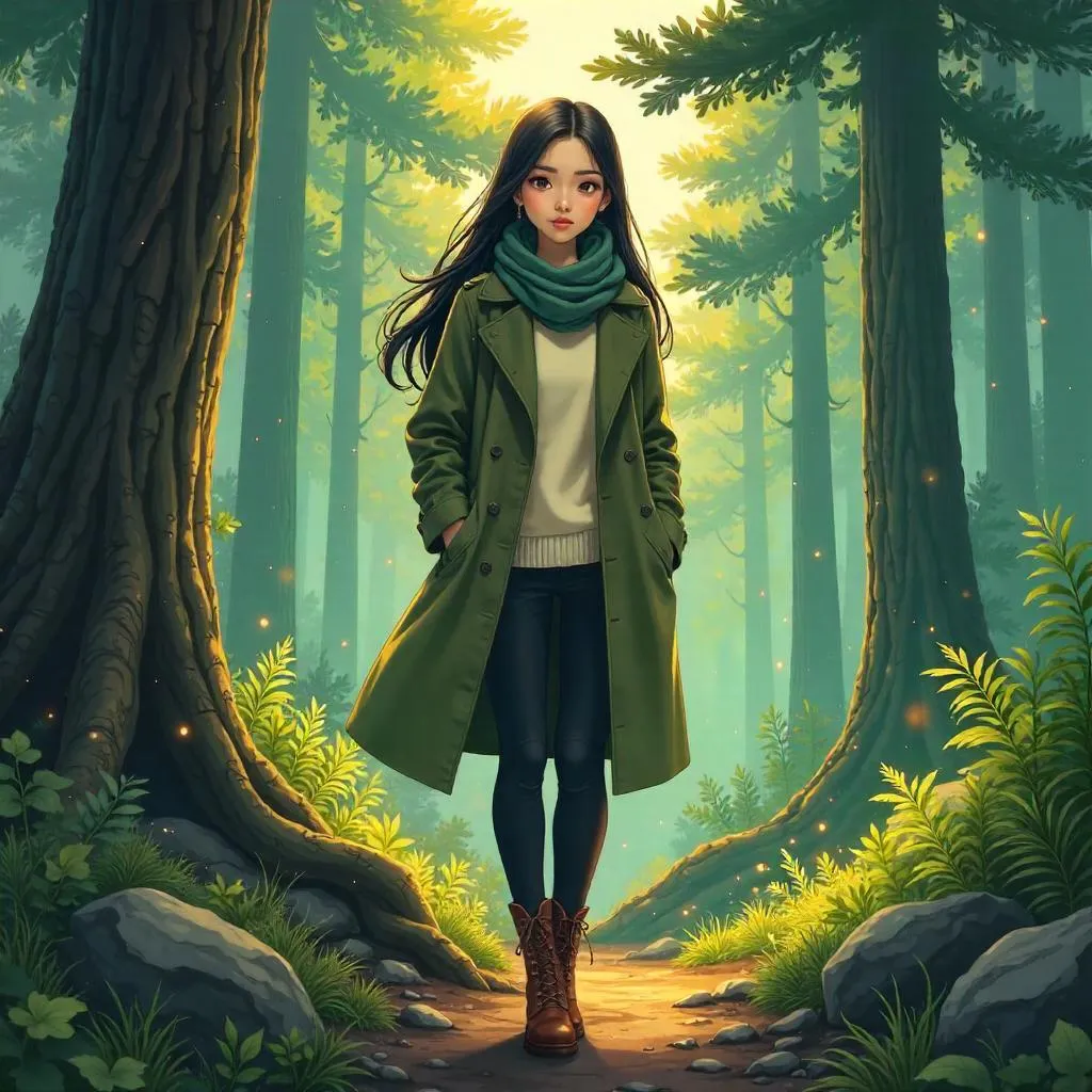 Stylish Asian Anime Woman in an Enchanted Forest