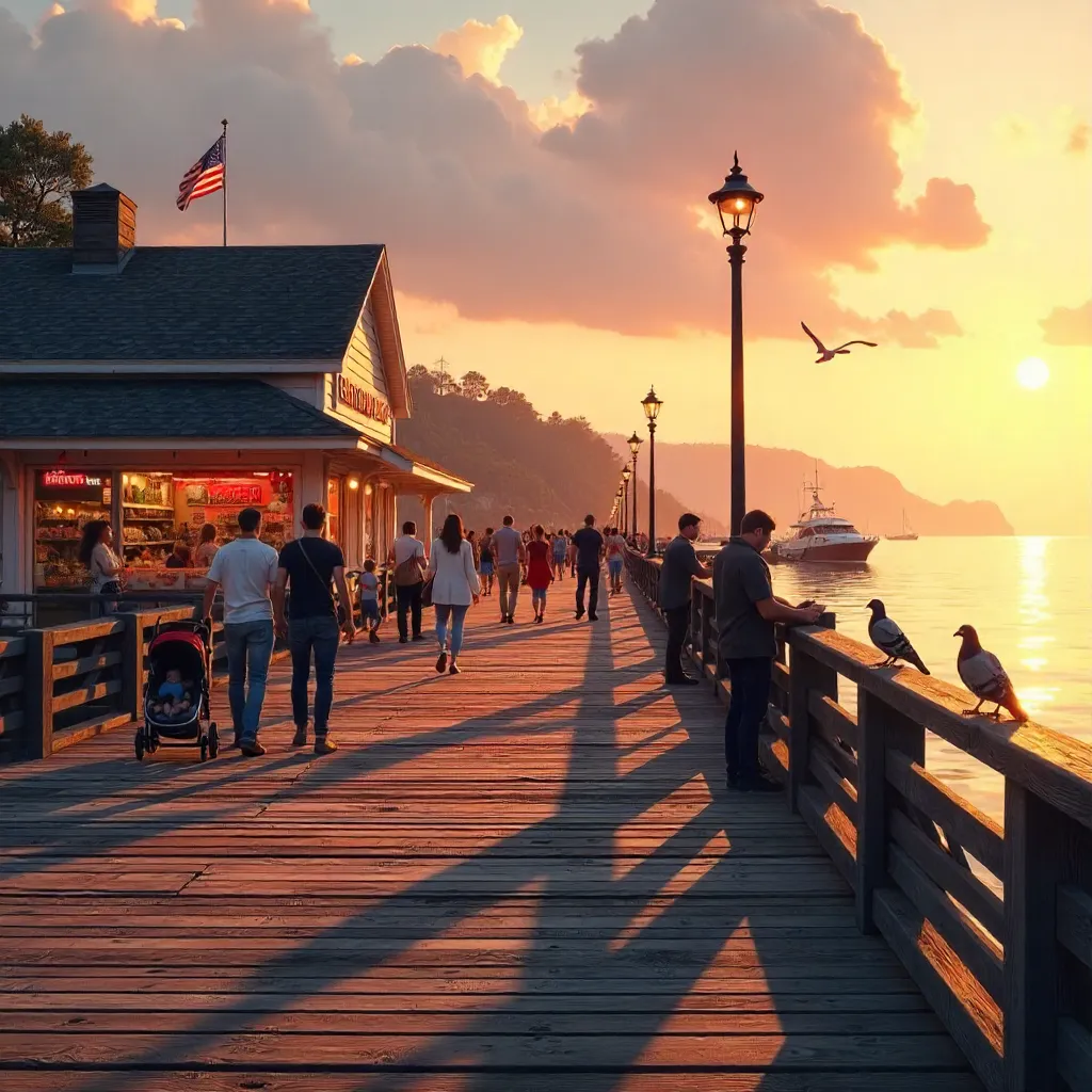 Golden Hour Pier: Visitors, Pigeons, and Nearby Grocery