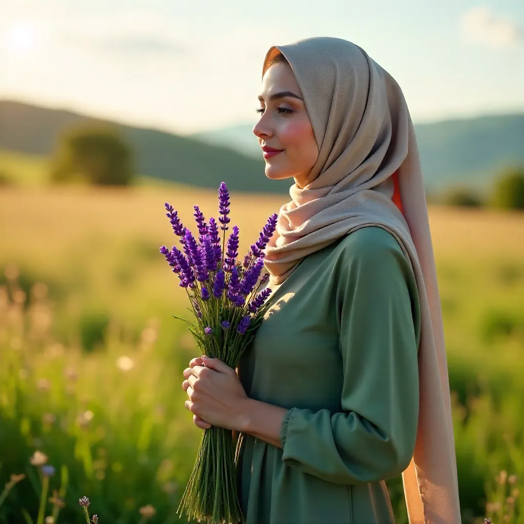 Woman in Hijab with Lavender Bouquet in Meadow
