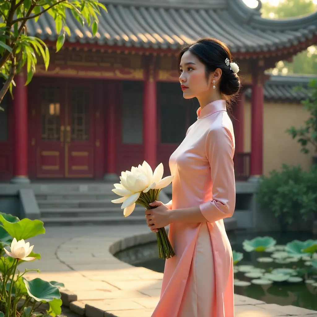 Young Woman in Ao Dai by a Pagoda with Flowers