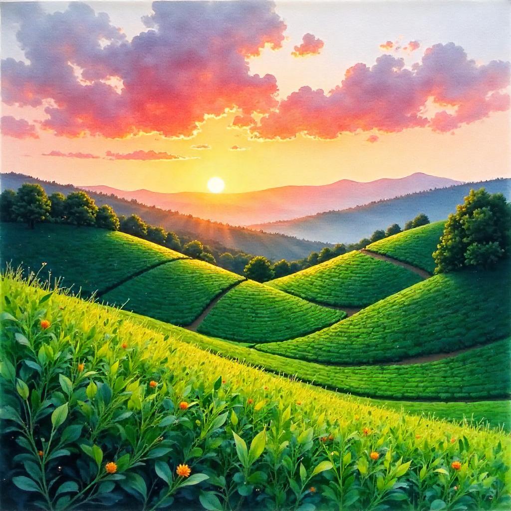 Sunset over a Tea Plantation in Watercolor
