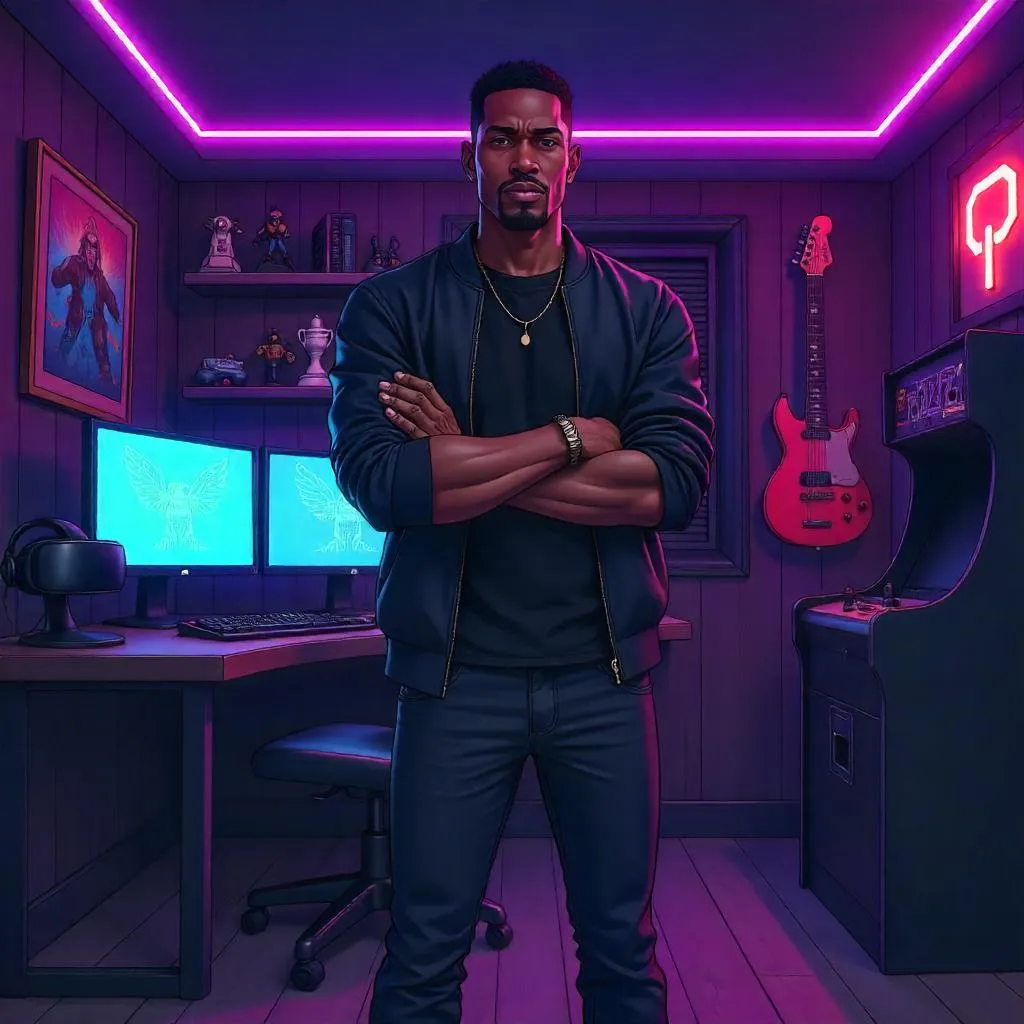 Confident Black Man in an Anime Man Cave