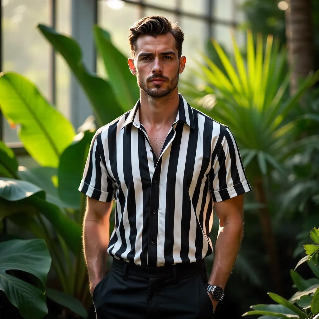 Confident Style: Striped Shirt Amid Greenery
