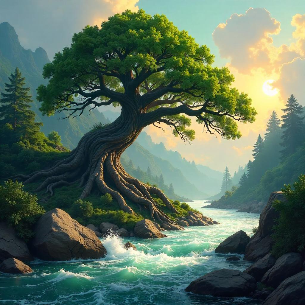 Ancient Tree by a Rushing River - Concept Art