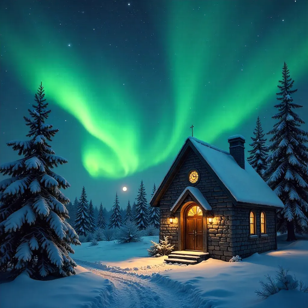 Green Aurora over Snowy Chapel at Night