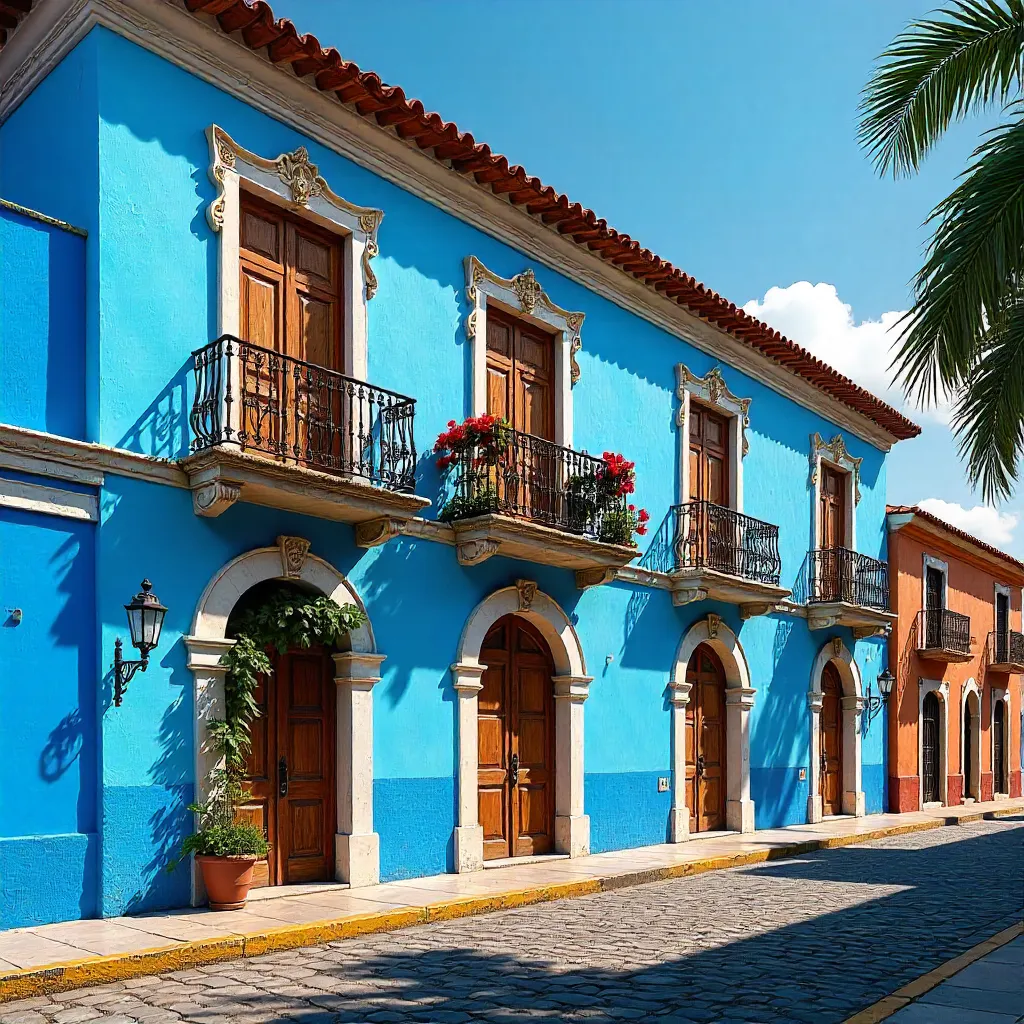 Vibrant Blue Colonial House in Campeche under a Clear Sky