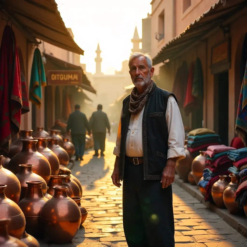 Man at Erbil Market Among Copper Pots and Colorful Textiles