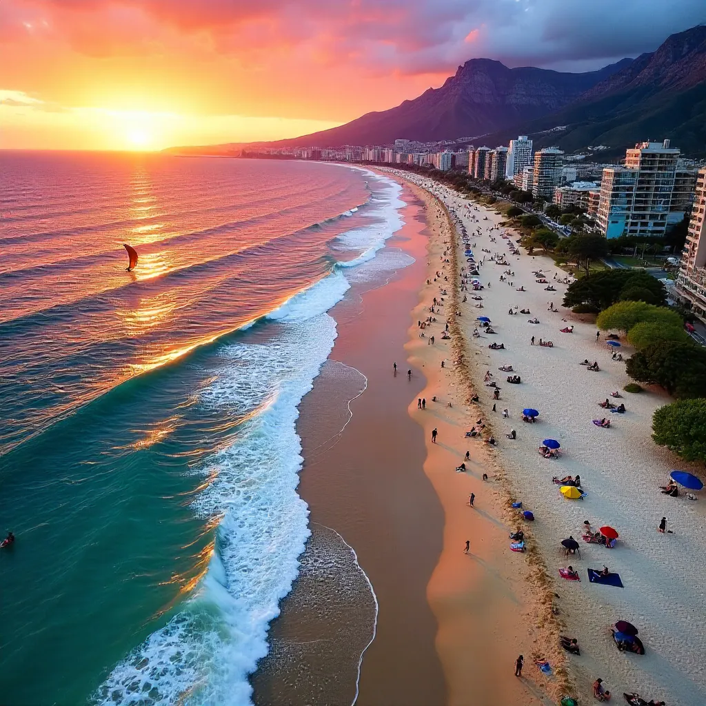 Aerial Sunset over Cape Town Beach