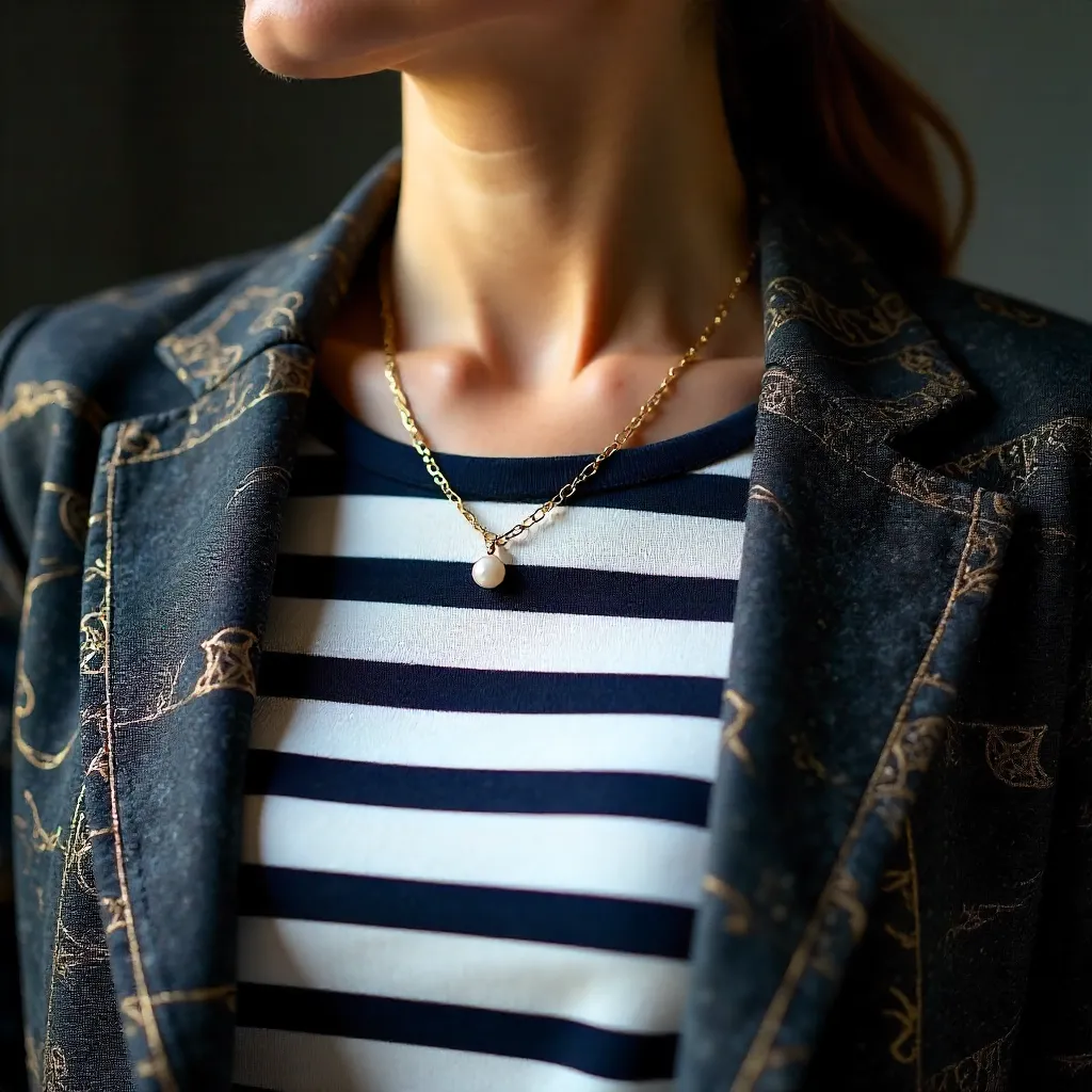 Close-Up Fashion: Stripes, Necklace, Patterned Jacket