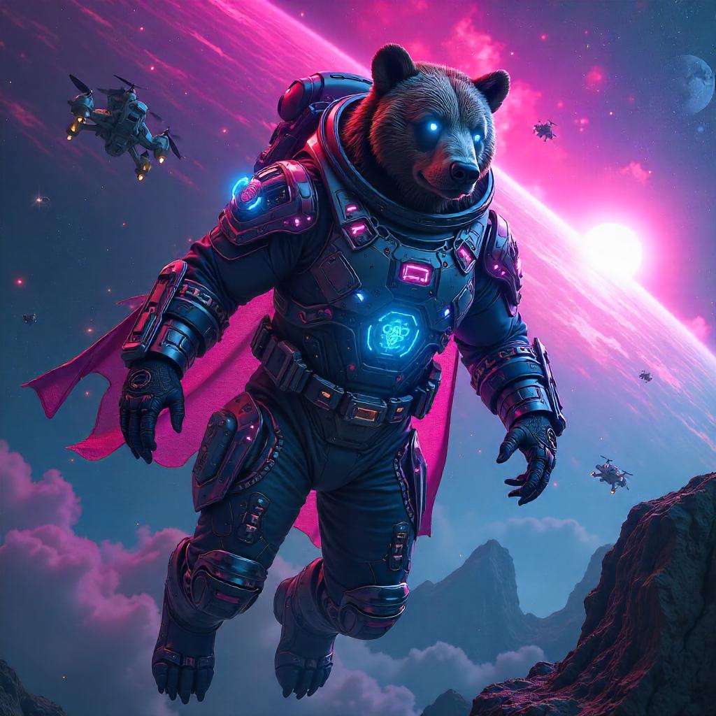 Bear in Neon Nebula: Cyberpunk Star Adventure