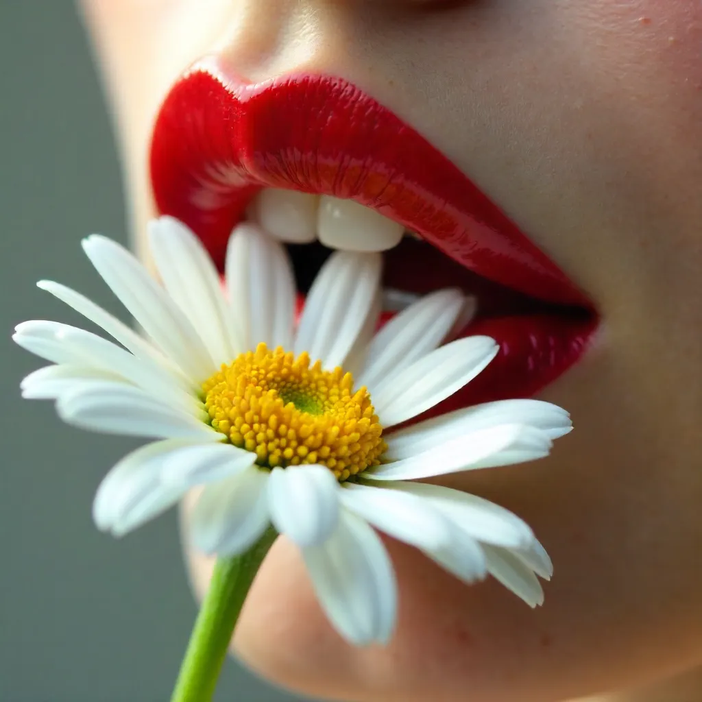 Close-Up: Red Lips Cradle a White Daisy
