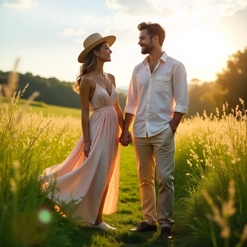 Sunlit Field Fashion: Couple in Greenery