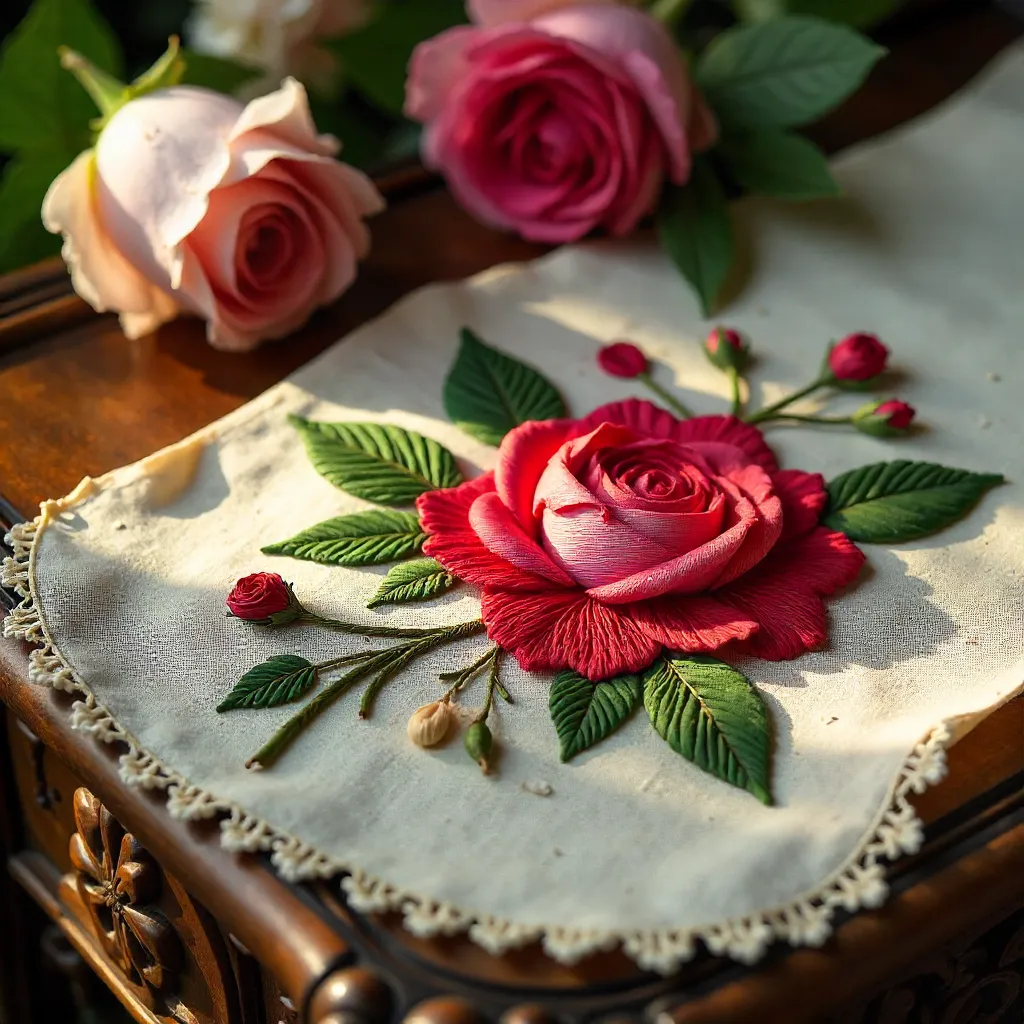Close-Up Rose Embroidery on a Carved Wooden Table