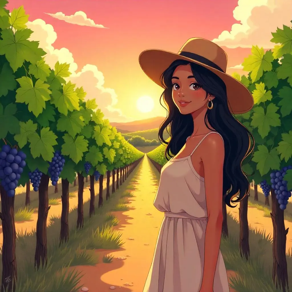 Sunlit Vineyard: Anime Latina in Golden Hour