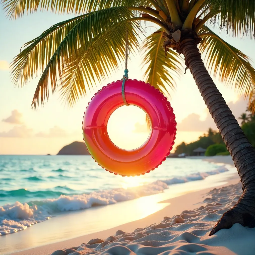 Vibrant Inflatable Hanging from a Palm Tree