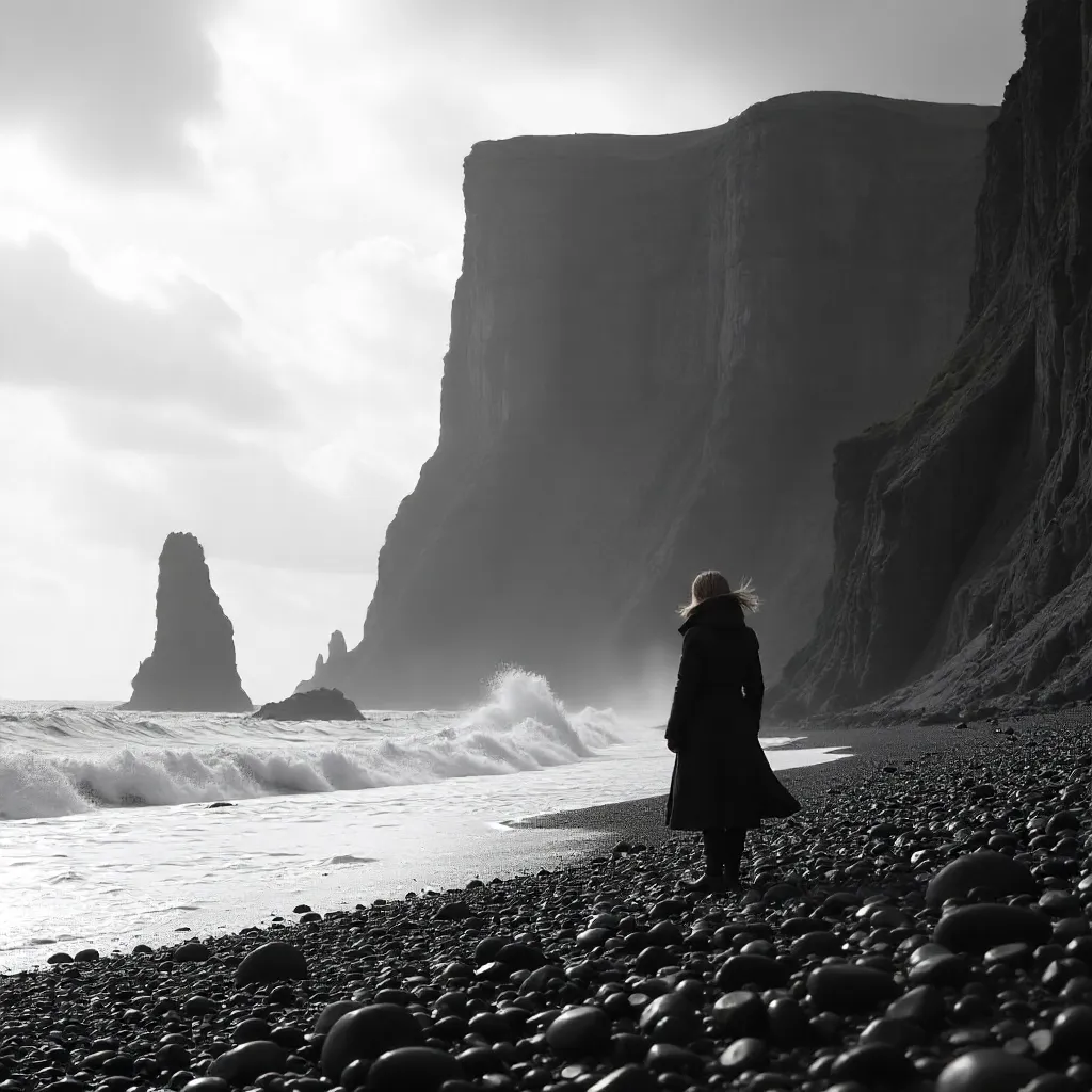 Solitary Figure by a Towering Cliff in B&W