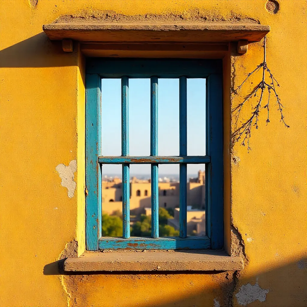 Blue-Barred Window on Yellow Jodhpur Wall