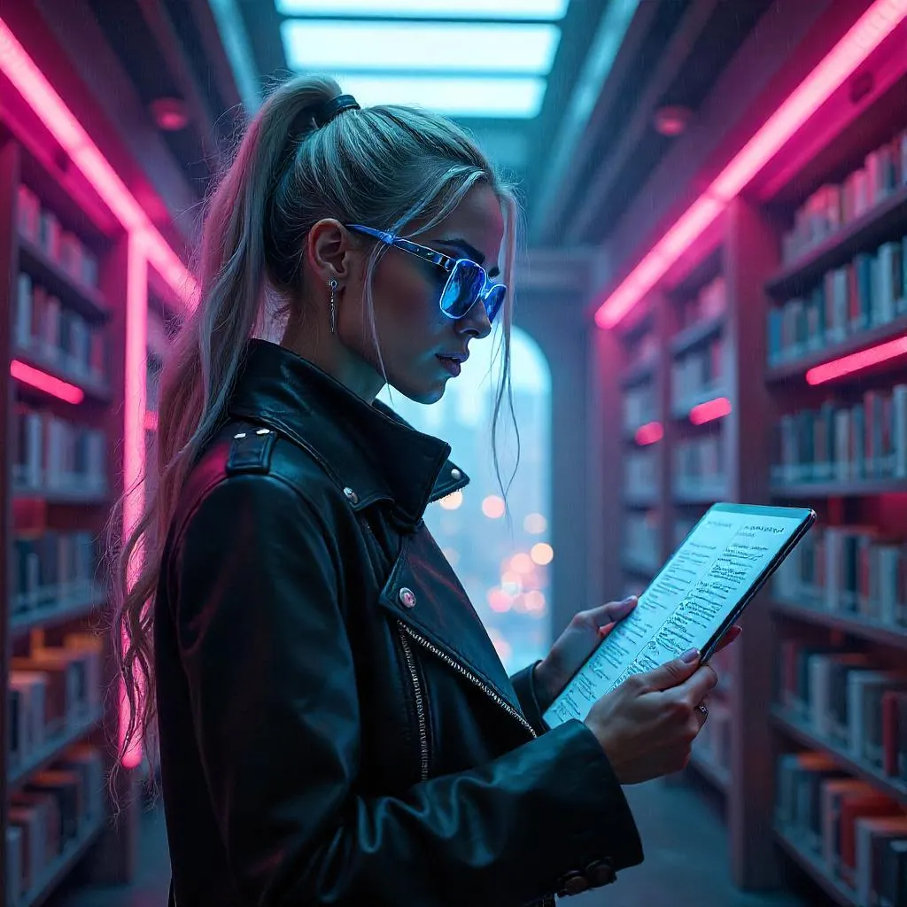 Neon Library Encounter: Cyberpunk Woman