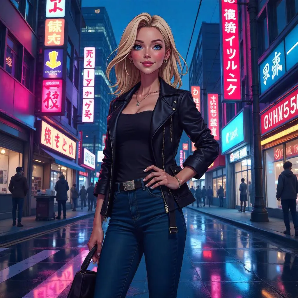 Confident Anime Woman in Neon City Street