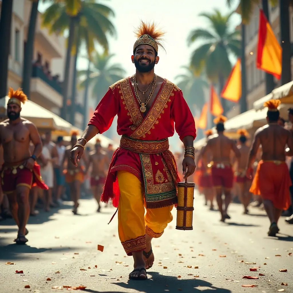 Man in Vibrant Traditional Garb at a Lively Outdoor Parade