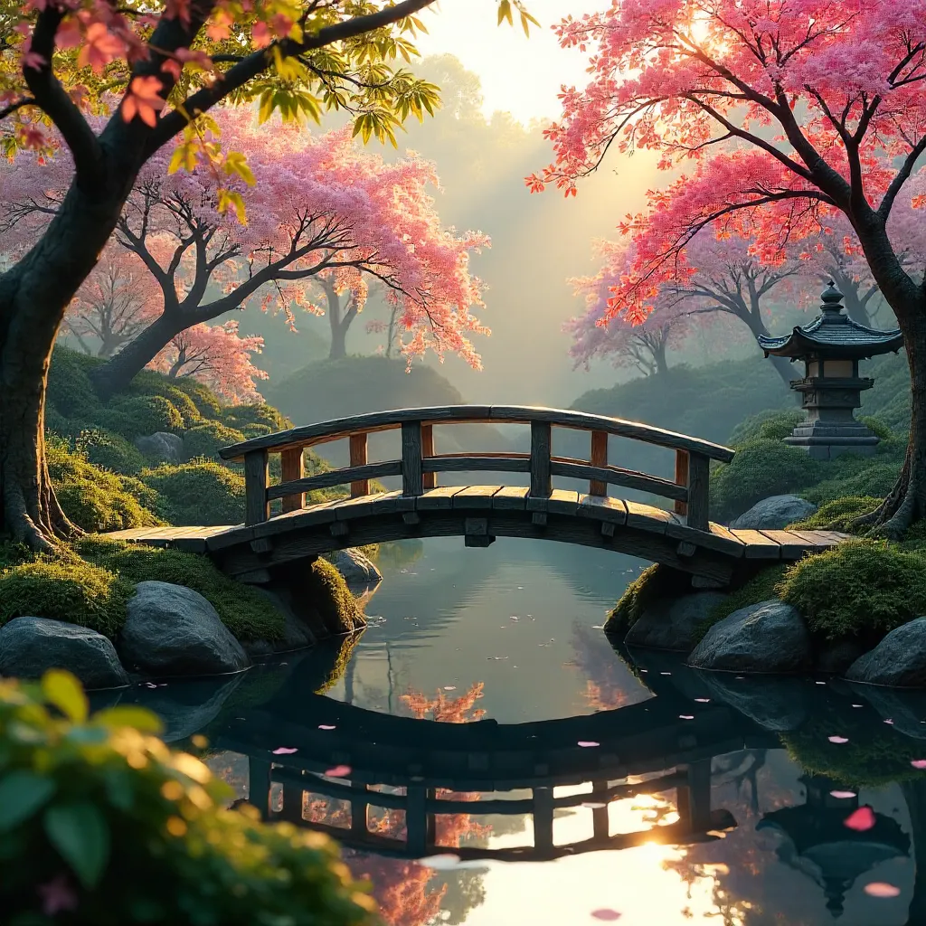 Tranquil Arched Bridge in a Japanese Garden